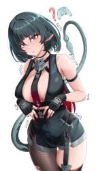 ? absurdres animal_ears arm_strap armpit_crease bare_shoulders black_garter_straps black_gloves black_hair black_necktie black_pantyhose black_shirt black_shorts black_thighhighs blush breasts chromatic_aberration closed_mouth commentary crop_top cruzvu english_commentary female fingerless_gloves garter_straps gloves green_eyes high-waist_shorts highres jane_doe_(zenless_zone_zero) large_breasts long_hair looking_at_viewer midriff mouse_ears mouse_girl multicolored_hair multiple_girls nail_polish necktie no_jacket pantyhose pantyhose_under_shorts red_hair red_nails red_necktie shirt shorts simple_background single_garter_strap single_leg_pantyhose single_thighhigh solo_focus tail thighhighs torn_clothes torn_pantyhose two-tone_hair two-tone_necktie very_long_hair white_background zenless_zone_zero zoom_layer