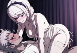 ai_generated blush clothed_sex cum_in_pussy dark-skinned_male female hair_ornament hetero_sex kirifuji_nozomi male medium_breasts pale-skinned_female purple_eyes raw_sex smile straight straight_sex takemaru_yakushiji tan_body the_hundred_line_-last_defense_academy- white_hair