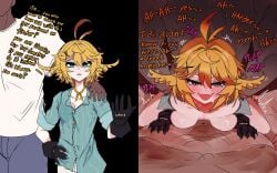1girls 2boys blonde_hair cheating chest_hair claws cuckold cuckold_pov cuckolding dokibird gloves green_eyes indie_virtual_youtuber indie_vtuber interracial moaning ntr onomatopoeia sweat tagme unseen_male_face virtual_youtuber vtuber