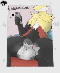 after_transformation animal_genitalia ball_markings balls big_balls bodily_fluids canid canine claws crotch_markings delphox electronics fully_sheathed generation_6_pokemon genital_fluids genital_markings genitals hi_res malaki male mammal markings multicolored_body navel nintendo phone pokemon pokemon_(species) precum sheath sheath_transformation sitting solo tayla transformation two_tone_sheath