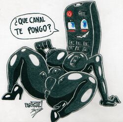 absurd_res animate_inanimate areola big_breasts breasts clothing controller female footwear hi_res high_heels humanoid nipples parasitedeath pussy remote_control shoes solo spanish_text text thick_thighs