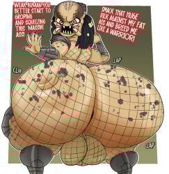 2025 5_fingers alien ass backsack balls big_butt black_hair braided_hair clothing english english_text exclamation_point fingers fishnet_clothing furu_flami genitals hair hi_res looking_back male mandibles not_furry predator_(franchise) profanity rear_view sharp_teeth shoulder_pads solo teeth text thick_thighs yautja
