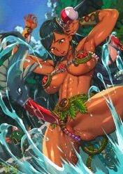 1girls abs anus anus_peek breasts cleavage dark-skinned_female dark_skin f.s. female female_only fish fishing large_breasts long_hair luna_luna outdoors pussy queen's_blade solo underboob