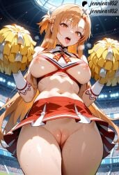 :d ai_generated areolae asuna_(sao) bangs bare_shoulders blue_skirt blue_sky blush braid breasts brown_eyes brown_hair cheerleader cheerleader_uniform clavicle cleft_of_venus clothes_lift clothes_pull clothing cloud crop_top day erect_nipples eyebrows female female female_only flying_sweatdrops from_below gloves hair_intakes hair_ornament holding holding_pom_poms indoors jennieart02 large_breasts legwear long_hair looking_at_viewer medium_breasts microskirt midriff miniskirt navel night nipples no_bra no_panties nopan open-mouth_smile open_mouth orange_eyes orange_hair outdoors parted_lips patreon patreon_logo patreon_username pleated_skirt pom_pom_(cheerleading) pom_poms ponytail pussy red_skirt shiny_skin shirt short_ponytail sidelocks skindentation skirt skirt_lift skirt_pull sky sleeveless smile solo stadium standing stomach sweat sword_art_online teeth thick_thighs thighhighs thighs tongue tongue_out twitter twitter_username underboob uniform upper_teeth_only vagina watermark wet white_gloves white_skirt yuuki_asuna