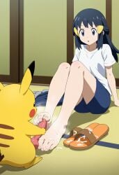ai_generated akari_(pokemon) feet footjob pikachu pokemon pokemon_legends:_arceus pokephilia