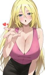 absurdres bare_shoulders black_skirt blonde_hair blowing_kiss blue_eyes blush boruko boruto:_naruto_next_generations breasts cleavage commentary commission drawn english_commentary facial_mark female gender_transformation genderswap_(mtf) highres large_breasts looking_at_viewer mango_(mango0208) naruto naruto_(series) one_eye_closed open_mouth pink_shirt pixiv_commission rule_63 sexy_no_jutsu shirt skirt solo uzumaki_boruto whisker_markings