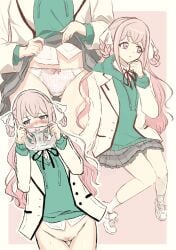 1girls an_hoshiarai bessyo_bell blush clothed d4dj grey_eyes no_panties panties pink_hair pubic_hair pussy pussy_juice pussy_juice_drip school_uniform schoolgirl wet wet_panties