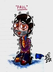 1boy 2024 adobe_scan black_hair bondage brown_eyes gag gagged male paul_mccartney rope_bondage scared self_upload submissive submissive_male tape_gag the_beatles tied_hair toony traditional_media yellow_submarine