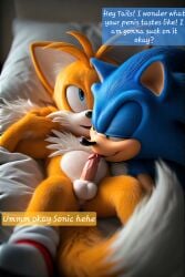 ai_generated balls ballsack blowjob comic comic_page erect_penis penis playful sex sleepover sniffing_penis sonic_the_hedgehog tails tails_the_fox