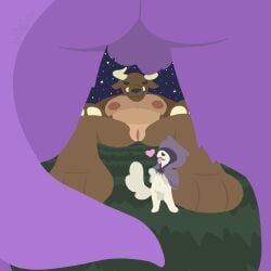 1:1 animal_genitalia animal_penis anthro areola ass bad_dog_(super_auto_pets) balls behemoth_(super_auto_pets) between_legs_from_behind big_areola bovid_horn bovine_horn breasts brown_body brown_fur bull_horn canid canine canine_genitalia canine_penis canis claws cloak cloak_only clothed clothing clothing_lift cosmic_background covered_eyes digital_media_(artwork) domestic_dog dot_eyes fangs female fully_sheathed fur genitals grass grey_clothing grey_robe group heart_symbol hi_res horn imminent_sex lineless looking_through looking_through_legs lying macro male mammal mythological_canine mythological_creature mythology navel night nipples on_back outdoor_nudity outside penis plant presenting presenting_belly presenting_genitalia presenting_penis purple_body purple_fur pussy robe sheath simple_eyes size_difference sky star starry_background starry_sky super_auto_pets tail tan_body tan_fur teeth tongue tongue_out trio underbite wdkinc werecanid werecanine werecreature werewolf