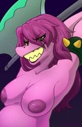 anthro arms_above_head axe big_breasts breasts deltarune dinosaur female hair_in_face hi_res inverted_nipples lustful_gaze mommy_kink nipples pregnant pregnant_female prehistoric_species purple_body reptile scalie sharp_teeth slyasafoxibou solo susie_(deltarune) teeth toothy_grin undertale_(series) weapon