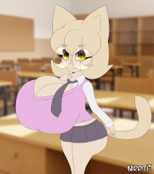 2025 2d 2d_(artwork) absurd_res amber_eyes animal_humanoid ass big_breasts big_butt blonde_hair breasts breasts_bigger_than_head bubble_butt cat_humanoid cat_tail classroom cleavage clothed clothed_female curvaceous curvy_female curvy_figure digital_drawing_(artwork) digital_media_(artwork) felid felid_humanoid feline feline_ears feline_humanoid feline_tail female_only female_solo flat_colors glasses hair hourglass_figure huge_breasts huge_butt humanoid humanoid_only looking_at_viewer mammal mammal_humanoid miniskirt necktie nirriti original original_character short_hair short_stack shortstack skirt tail topwear wearing_glasses young
