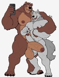 5_fingers absurd_res anthro balls bear biceps big_balls big_muscles big_penis brown_bear brown_body brown_eyes brown_fur canid canine canis claws duo erection fangs fingers fluffy fluffy_tail foreskin fur genitals grey_body grey_fur grizzly_bear happy hi_res hug huge_cock huge_muscles humanoid_genitalia humanoid_penis looking_at_viewer male male/male mammal musclegut muscular muscular_anthro muscular_male nipples nude open_mouth pecs penis photo short_tail simple_background size_difference smile tail teeth text tongue ursine wolf xyandrith yellow_eyes