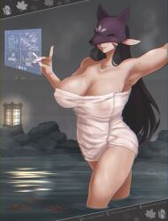1girls breasts cleavage dclaret digimon digimon_(species) female fox_mask huge_breasts humanoid kimono kuzuhamon kuzuhamon_miko_mode lipstick miko naked_towel onsen see-through see-through_clothing selfie wet