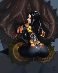 android asian_female ass ass_focus black_hair bodysuit bound breasts breasts_from_behind captured captured_heroine curvy_female cyborg_girl defeated_heroine guls imminent_rape imminent_sex interspecies long_hair monster naytiba_(stellar_blade) restrained scared stellar_blade stuck_together tachy_(stellar_blade) techwear