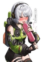 absurdres anby_demara belt black_belt black_choker black_gloves black_skirt blush braid choker clothing_cutout fellatio female fingerless_gloves food gloves green_tea_(matchaistasty) grey_hair headphones highres holding holding_food holding_popsicle licking_food miniskirt oral orange_eyes oversized_food oversized_object popsicle sexually_suggestive short_hair shoulder_cutout simulated_fellatio skirt solo speech_bubble sweat thigh_belt thigh_strap tongue tongue_out translation_request zenless_zone_zero