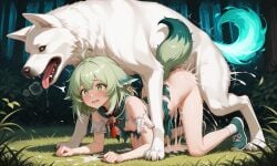 ai_generated bestiality_impregnation canine dog_penis doggy_style excessive_cum huohuo_(honkai:_star_rail) small_breasts stomach_bulge