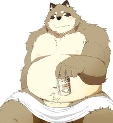 2019 anthro balls belly blush canid canine chizu humanoid_hands male male_only mammal moobs navel nipples overweight overweight_male raccoon_dog simple_background sitting solo solo_male tanuki text ti_du towel white_background ちづ