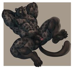 2018 4_toes abs absurd_res adios anthro armpit_hair balls barefoot biceps biped black_balls black_claws black_eyebrows black_fur black_nipples black_nose black_pawpads black_penis black_spots black_tail border claws eyebrows felid flaccid fur green_eyes grey_background hands_behind_head hi_res humanoid_penis jaguar looking_at_viewer lying male male_only mammal melanistic muscular muscular_male nipples nude on_back pantherine partially_retracted_foreskin pawpads pecs penis pubes quads serratus simple_background slade_kobayashi smile solo spots spotted_fur toe_claws toes uncut vein veiny_penis white_border