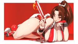 bare_shoulders blush breasts brown_eyes brown_hair cleavage fatal_fury female fire high_ponytail highres huge_breasts japanese_clothes king_of_fighters long_hair looking_at_viewer mai_shiranui monoi_daru ninja open_mouth ponytail revealing_clothes rope sideboob snk solo street_fighter street_fighter_6 thighs