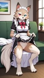 1girls 2025 ai_generated anthro blue_eyes blushing bottomless bottomless_female brown_fur digitigrade dress_lift female female_only flashing generation_7_pokemon heterochromia hi_res indoors innie_pussy living_room lycanroc maid_uniform midday_lycanroc nintendo no_panties pink_eyes pokemon pokemon_(species) pussy sitting smile white_fur