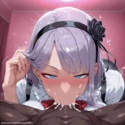 1boy :>= adjusting_hair ai_generated bangs blue_eyes blush bow breasts censored cum cum_in_mouth cum_in_nose dagashi_kashi dark-skinned_male dark_skin deepthroat fellatio female flower hair_flower hair_ornament hair_tucking hairband heart interracial large_breasts looking_at_viewer male mosaic_censoring nail_polish oral overflow penis pov purple_hair ribbon ringed_eyes shidare_hotaru short_hair solo_focus straight suspenders sweat trembling venusmuffin