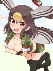 absurdres arms_under_breasts belt bird_tail bird_wings black_boots black_gloves black_hair blonde_hair blush boots breasts brown_eyes camouflage camouflage_shirt camouflage_shorts collarbone commentary_request embarrassed female fingerless_gloves gloves hair_between_eyes hat head_wings highres japari_symbol kemono_friends kemono_friends_3 leaning_forward long_hair looking_at_viewer medium_breasts multicolored_hair nipples northern_goshawk_(kemono_friends) open_mouth open_shirt shiraha_maru shirt short_shorts shorts sleeves solo spoken_blush tail tears thigh_boots thigh_highs unworn_hat unworn_headwear wings