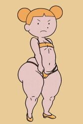 adventure_time artkunissleepy bare_shoulders big_thighs cameltoe curvy double_bun edit female fionna_and_cake flat_chest full_body hair_bun looking_at_viewer navel orange_hair panties plump queen_of_ooo queenie simple_background solo standing stomach strapless thick_thighs thighs yellow_background