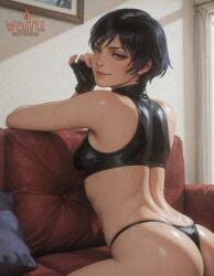 , ai_generated ass_focus bare_shoulders, bikini black_hair crop_top female looking_at_viewer looking_back midriff purple_eyes purple_highlights reina_mishima short_hair solo_focus sweat tekken tekken_8 waifudiffuser