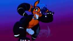 3d 3d_(artwork) 3d_model all_fours animatronic anthro blue_hair cock cock_ring different_eye_color dominant_male femboy fox furry glowing glowing_eyes glowing_penis klaiko looking_at_viewer machine mrbadfox pawpads penis_out reaching_out reaching_towards_viewer ring_piercing tongue tongue_out
