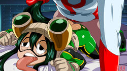 1boy 1boy1girl 1girls bed bed_sheet bedroom bodysuit boots bottomless costume faceless_male female gloves goggles green_hair hero_outfit_(mha) laying_down long_hair long_tongue looking_away male moaning mrclearedits my_hero_academia on_top open_mouth penis pleasure_face pulling_hair pussy_juice pussy_juice_drip ripped_clothing saliva saliva_puddle saliva_string straight sweat sweatdrop tagme tongue tsuyu_asui vaginal_penetration vaginal_sex