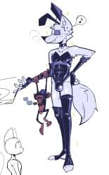 anthro arm_warmers armpit_tuft armwear black_nose bowler_hat bulge canid canine cigar cigar_in_mouth cigarette cigarette_holder clothing duo fake_ears fake_rabbit_ears femboy footwear fox fox_tail fur genitals haplorhine hat headgear headwear hi_res holding_cigarette holding_object legwear leotard male male_only mammal micropenis monkey nipples object_in_mouth penis playboy_bunny playboy_costume playboy_outfit playboy_suit primate saint_(xexeezy) slim small_penis smoking socks stirrup_socks thigh_highs whiskers white_body white_fur xexeezy