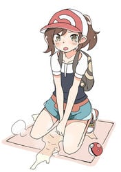 1girls backpack bag brown_hair clothed clothing elaine_(pokemon) female female_only flat_chest hat human kneeling nintendo peeing poke_ball pokemon pokemon_lgpe pokemon_rgby shirt shorts source_request urinating_in_bottomwear urine wet wet_clothes wetting