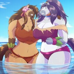 2girls amazonian biceps bikini brown_body brown_fur brown_hair curvy curvy_body curvy_female curvy_figure day daytime digital_drawing_(artwork) digital_media_(artwork) female flower flower_in_hair friends furry furry_female grey_body grey_fur hand_on_another's_shoulder hand_on_another's_waist hi_res hips hips_wider_than_shoulders horse horse_ears horse_girl horse_tail long_hair malina_(robthehoopedchipmunk) muscular muscular_anthro muscular_female muscular_furry navel non-human ocean ocean_background purple_hair robthehoopedchipmunk smile smiling smiling_at_viewer talia_(robthehoopedchipmunk) wide_hips
