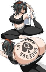big_ass big_breasts black_hair blacked blacked_clothing drogod_(artist) edit qos_tattoo queen_of_spades tattoo_on_ass zenless_zone_zero zhu_yuan