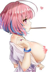 absurdres ahoge bangs blue_bracelet blue_hair blush bracelet breasts breasts_out collar collarbone earrings eyebrows_visible_through_hair female food from_side heart highres hyouta_(yoneya) idolmaster idolmaster_cinderella_girls jewelry large_breasts lips mouth_hold multicolored_hair nipples no_bra off_shoulder pill pink_collar pink_eyes pink_hair pocky profile puffy_nipples ring shirt shirt_pull short_hair short_sleeves simple_background solo t-shirt two-tone_hair upper_body white_background yumemi_riamu