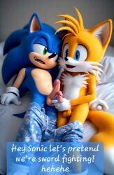 ai_generated comic comic_page penis penises_touching sleeping_nude sleepover sonic_the_hedgehog sword_fight tails tails_the_fox