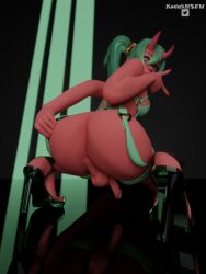 3d ass ass_focus dickgirl fortnite fortnite:_battle_royale futa_only futa_sans_pussy futanari green_hair harness heels high_heels intersex kodaknsfw lingerie nemia_(fortnite) oni oni_horns red_body squatting