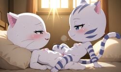ai_generated anthro anthro_on_anthro areola blue_eyes blush breasts brown_eyes carla carla_(fairy_tail) cat_ears cat_girl cat_tail catgirl charle charle_(fairy_tail) chibi closed_mouth cute exceed exceed_(fairy_tail) face_to_face fairy_tail fairy_tail_100_years_quest feline furry furry_female furry_only inside nipples open_mouth pussy rosenly shortstack striped_body striped_fur sunlight sunlight_rays touka_(fairy_tail) tribadism white_body white_fur yuri yuri