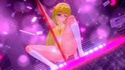 3d blonde_hair edit edited green_eyes grin kaori_(doki_doki_literature_club) koikatsu long_hair looking_at_viewer panties_aside pussy_exposed rubbing_pussy_against_pole stripclub stripper_pole white_hairband white_socks yellow_lingerie