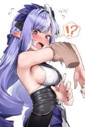 !? 1other absurdres arm_up armpits backless_dress backless_outfit black_nails blush breasts commentary_request disembodied_hand dress drill_hair ear_blush female flying_sweatdrops from_side grabbing_another's_arm green_tea_(matchaistasty) hairband highres looking_at_viewer medium_breasts mole mole_under_eye multicolored_hair open_mouth pointy_ears purple_hair purple_hairband red_eyes sideboob simple_background solo_focus spoken_interrobang streaked_hair sweat tearing_up upper_body vivian_(zenless_zone_zero) vivian_banshee white_background white_dress white_hair zenless_zone_zero