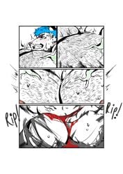 anthro ass big_muscles big_pecs booker_(koopershiba) canid canine clothing comic exploding_clothing felid growth hi_res huge_muscles huge_pecs hyper hyper_muscle_growth hyper_muscles hyper_pecs kooper_(koopershiba) male male_only mammal muscular pantherine pecs red_clothing red_underwear solo tiger underwear unknown_artist vein veiny_muscles
