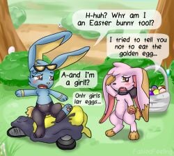 2019 6_nipples after_transformation artist_name averting_eyes basket black_body blue_body bow_collar brown_eyes brown_markings clothing_on_ground colored container dialogue duo easter easter_bunny easter_egg egg english_text eyewear female feral front_view generation_4_pokemon genitals gloves_(marking) grass handpaw holidays hybrid jaki-kun_(character) lagomorph leg_markings leporid lohli_(lohlite) lohlite looking_at_another mammal markings mostly_nude multi_nipple nintendo nipples open_mouth outside pants_(marking) paws pink_body plant pokemon pokemon_(species) pussy rabbit semi-anthro shinx shrub socks_(marking) speech_bubble standing story story_in_description sunglasses text three-quarter_view tree yellow_markings