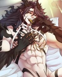 4:5 abs barely_visible_genitalia barely_visible_penis black_hair black_horn black_markings black_sclera black_tongue demireality ear_piercing front_view gauged_ear genitals hair harness hi_res horn humanoid looking_at_viewer lying male markings multicolored_eyes multicolored_tongue muscular muscular_humanoid muscular_male navel nipples nude on_back open_mouth orange_eyes pecs penis penis_base piercing sharp_teeth solo tan_body tan_skin teeth tongue tongue_out two_tone_eyes two_tone_tongue white_harness yellow_eyes yellow_tongue