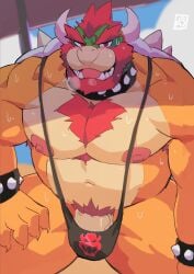 1boy bara beach black_mankini bowser buff male male_only mankini mario_(series) nintendo sand sexy sunshade super_mario_bros. super_smash_bros. sweaty sweaty_body water yaoi