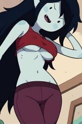 ai_generated black_hair breasts covered_nipples crop_top female large_breasts long_hair navel open_mouth smile solo underboob