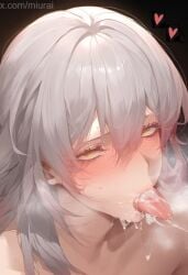 after_fellatio blush cum cum_in_mouth cum_on_tongue cum_string female grey_hair hair_between_eyes heart honkai:_star_rail long_hair looking_at_viewer mur_ai_nsfw saliva solo stelle_(honkai:_star_rail) sweat tongue tongue_out yellow_eyes