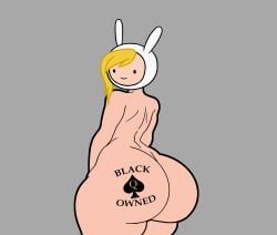 adventure_time ass ass_focus blonde_hair bodywriting completely_nude curvy female fionna_the_human_girl from_behind grey_background huge_ass long_hair looking_at_viewer looking_back nude qos qos_tattoo simple_background smile solo standing thick_thighs thighs wide_hips