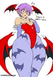 artist_name bridal_gauntlets celebelian colored colored_nails covered_navel cowboy_shot darkstalkers demon_girl demon_wings english_text fan_colored female finger_to_mouth flat_chest flying_sweatdrops hair_between_eyes hand_up head_wings leotard lilith_aensland low_wings open_mouth painted_nails pantyhose patreon_username pear_shaped_figure pointy_ears print_pantyhose purple_eyes short_hair simple_background small_breasts solo sweatdrop white_background wide_hips wings