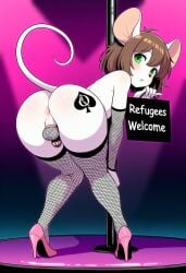 ai ai_generated ass_tattoo brown_hair chastity_cage fishnets green_eyes high_heels holding_object medium_breasts novelai queen_of_spades refugees_welcome sign small_balls small_penis solo solo_focus stripclub stripper_pole tattoo